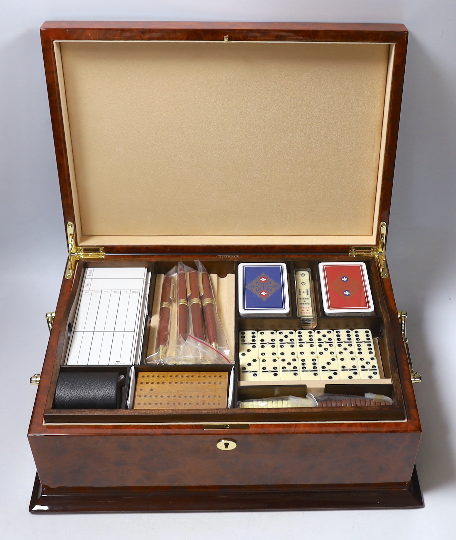 Hillwood London, a burr walnut games compendium, 41cm wide